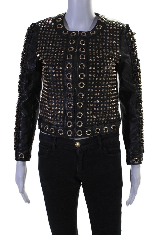 Alice + Olivia Womens Hook Front Braided Studded Grommet Leather Jacket Black XS 7833604096060