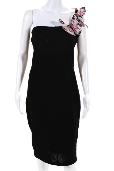 Zang Toi Womens Sequin Beaded Butterfly Knit One Shoulder Dress Black 7833637027900