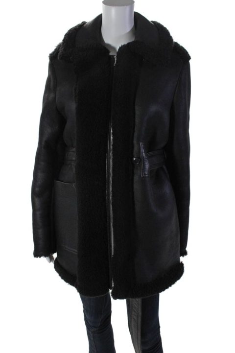 ACNE Studios Womens Leather Shearling Lined Double Zip Coat Black 7833638764604