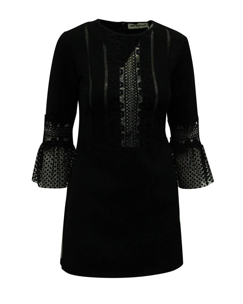Self-Portrait Lace Trim Dress with Flounce Sleeves in Black Polyester 7833666977852
