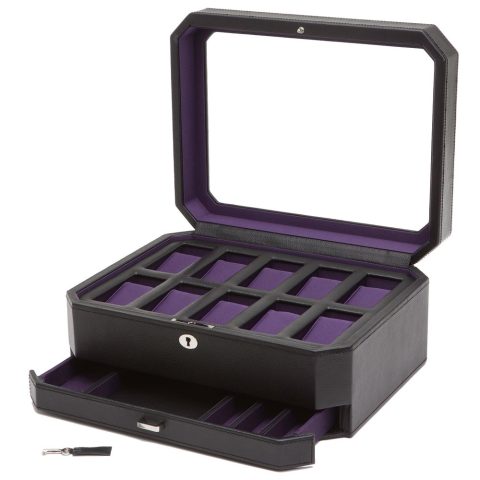 Wolf 458603 Windsor 10 Piece Watch Box with Drawer in Black & Purple 7707667497020