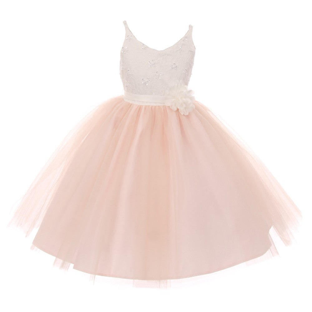 Little Girls Blush Pink Beaded Lace V-neck Special Occasion Dress 2-6