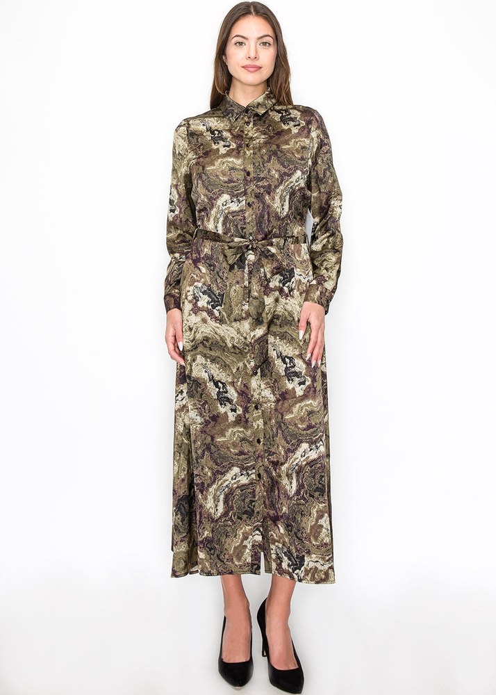 Abstract Olive Swirl Belted Dress 7833708527676