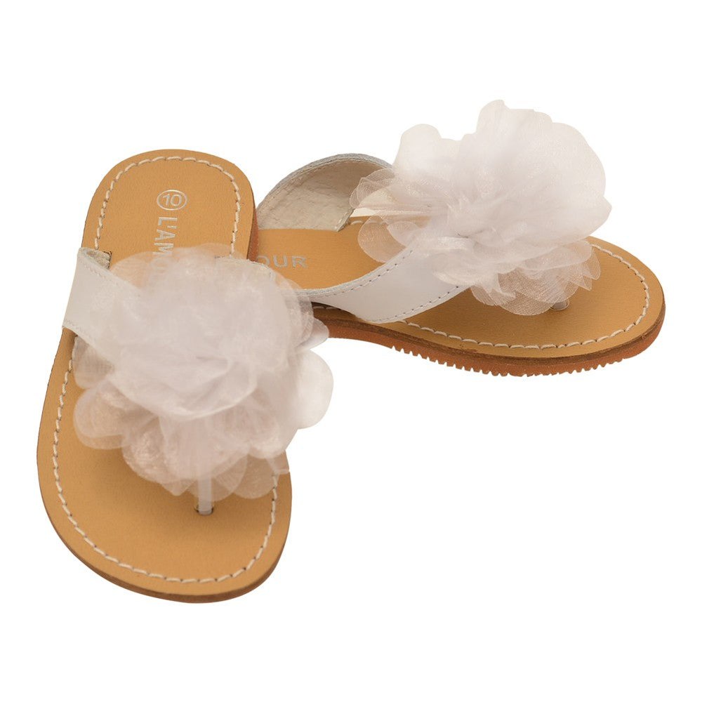 Girls White Organza Flower Adorned Thong Sandals 11-4 Kids