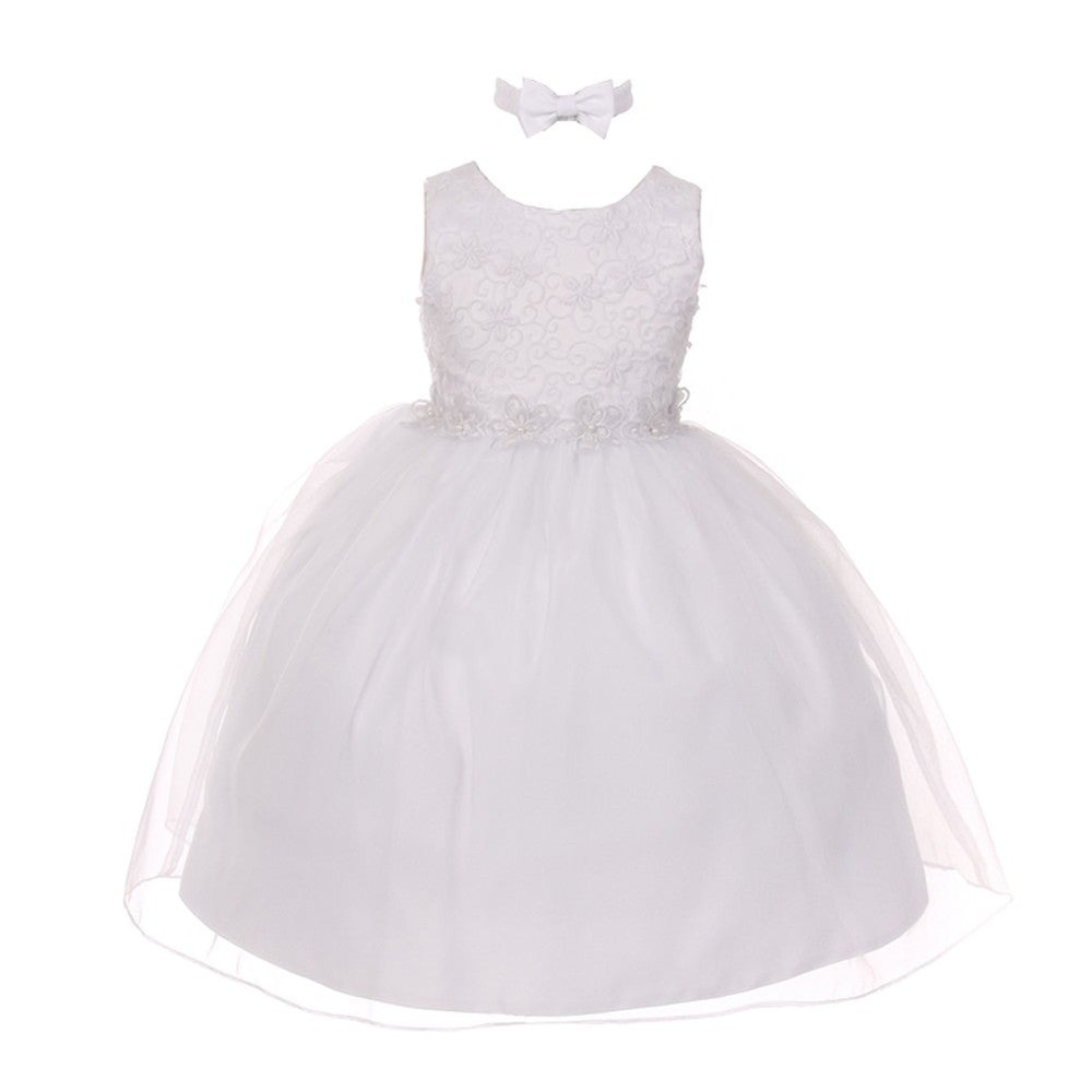 Little Girls White Floral Trim Organza Overlay Flower Girl Dress 2-4T