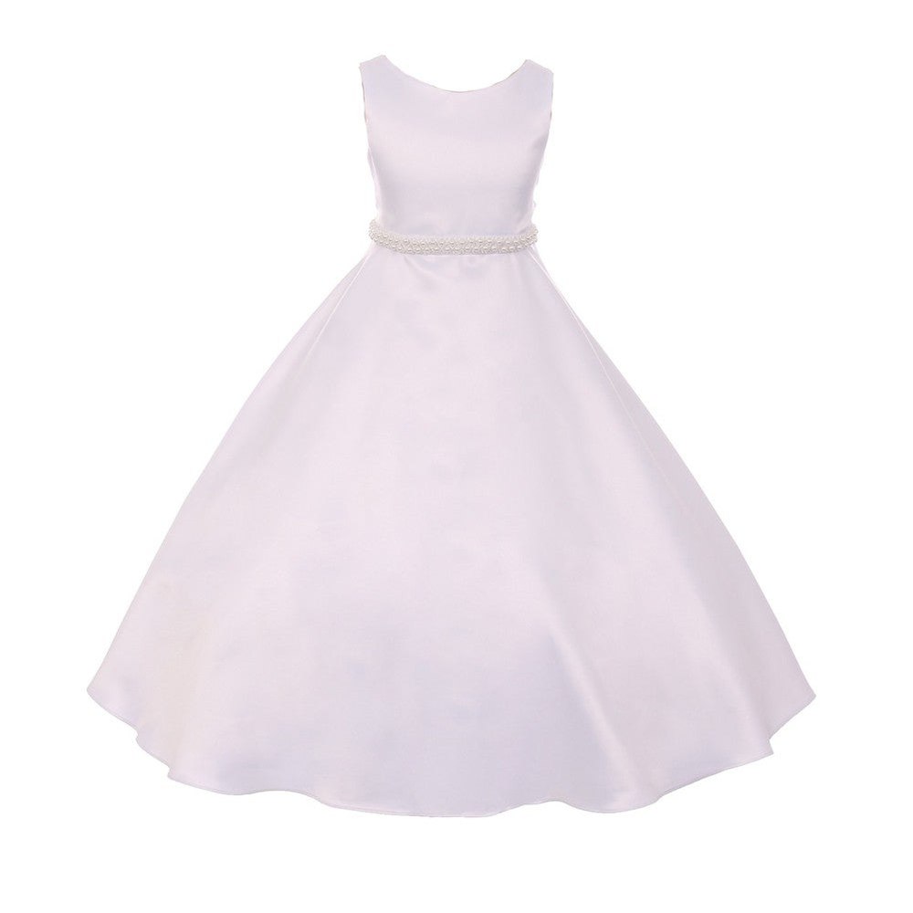 Big Girls White A-Line Satin Pearl Trim Communion Dress 8-16