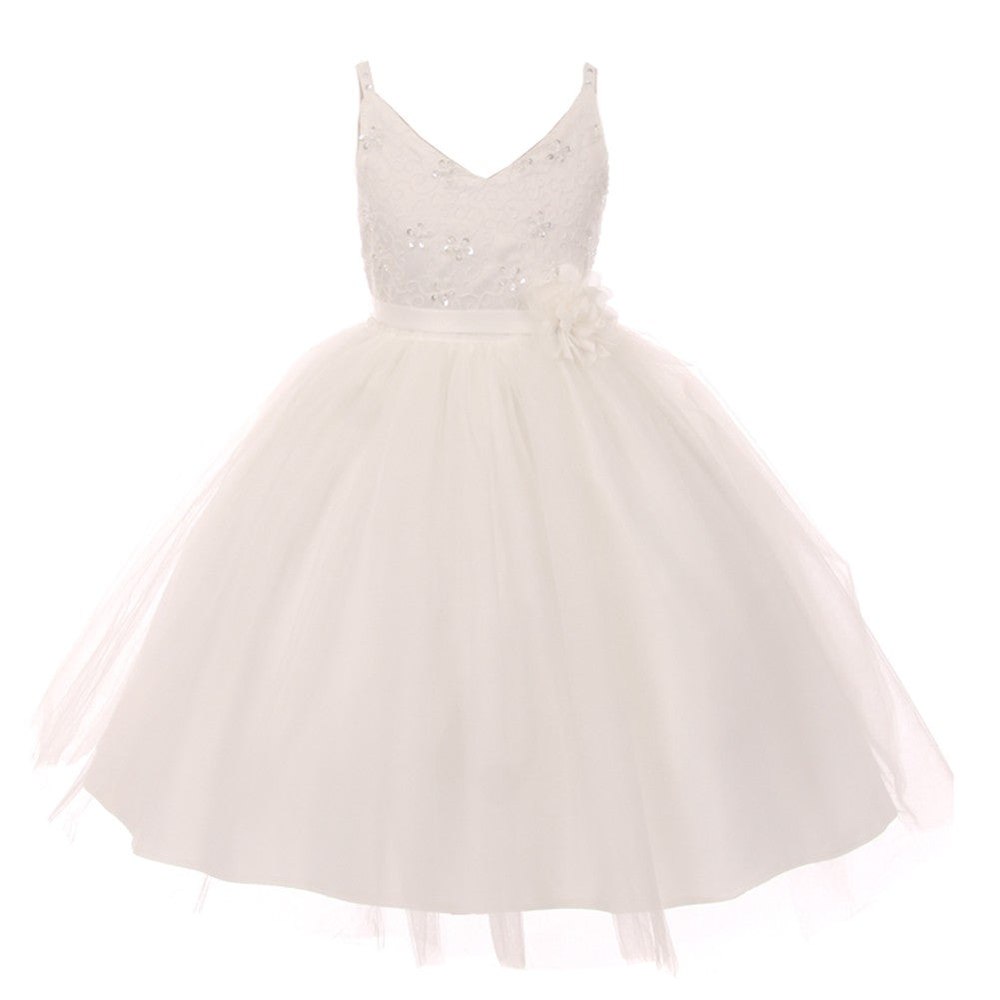 Big Girls Ivory Beaded Lace V-neck Special Occasion Dress 8-12