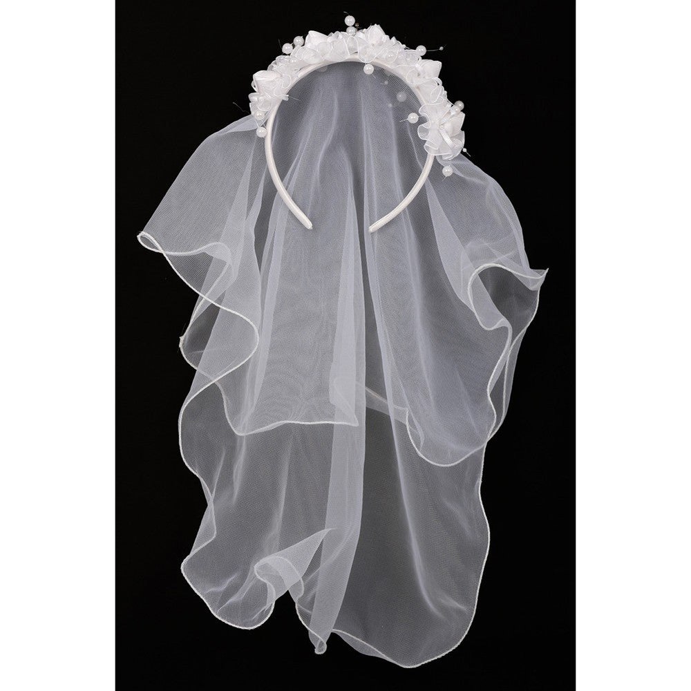 Girls White Flower Pearl Crown Mesh Short Communion Flower Girl Veil