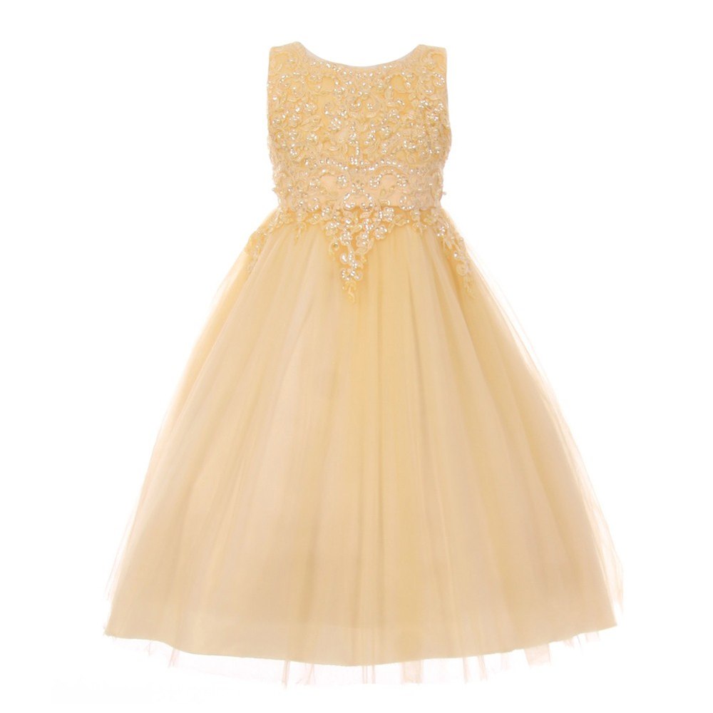 Little Girls Champagne Pearl Sequin Adorned Satin Tulle Flower Girl Dress 4-6
