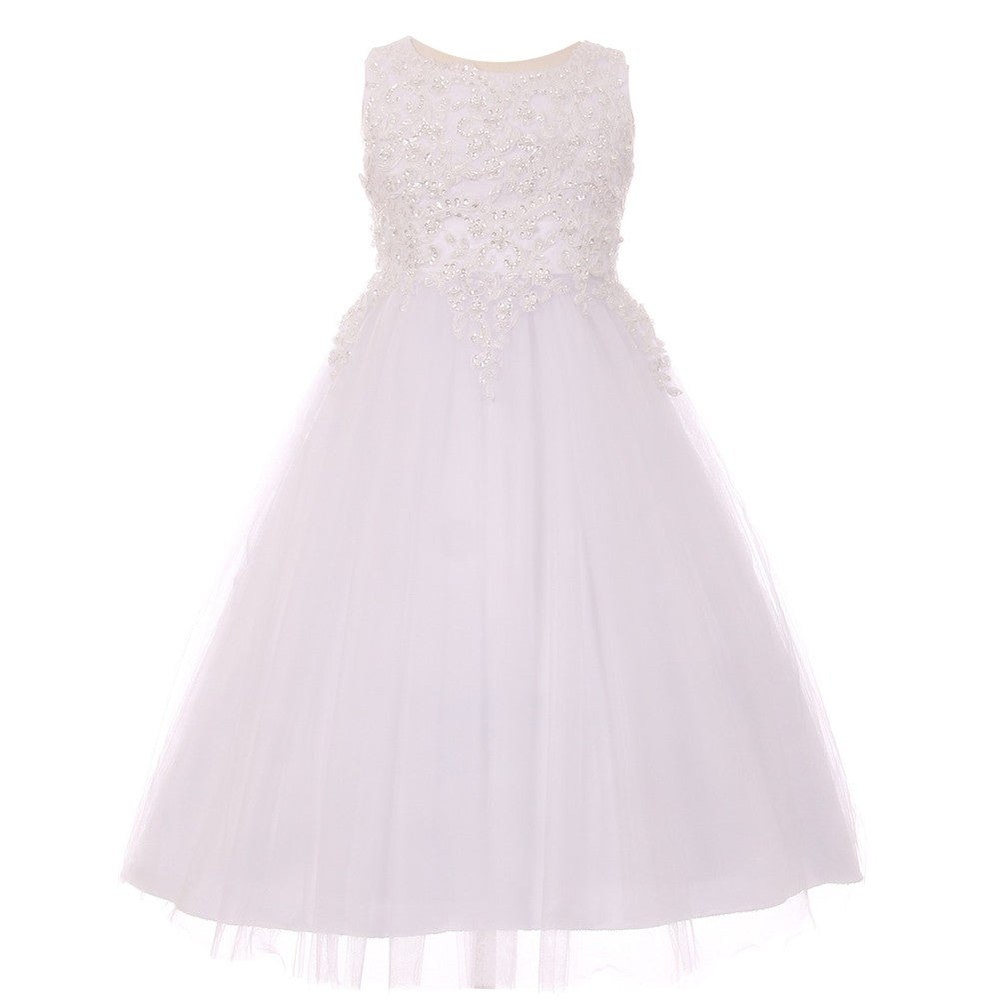 Little Girls White Sparkle Pearl Sequin Satin Tulle Flower Girl Dress 4-6